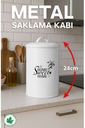 Metal Yuvarlak Tek Saklama Kabı - Home Sweet Home Baskılı - Pinterest Erzak Kabı Image 0