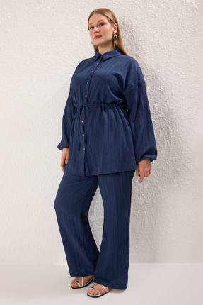 Büyük Beden Lacivert Lastik Kemerli Dokuma Alt-Üst Takım TCTSS25US00046 Image 0