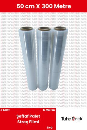 Streç Film 50cm X 300m 3 Adet, Şeffaf, 17 Mikron, 1000 Gr, Dayanıklı Eşya, Koli ve Palet Streci Image 0