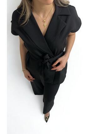 Kadın Siyah Kuşaklı Takım Elbise - Şık Ceket & Pantolon İkili Set Image 1