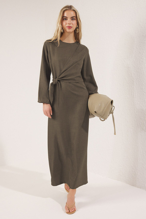 Haki Keten Görünümlü Dokuma Elbise TCTSS25EB00129 Image 0
