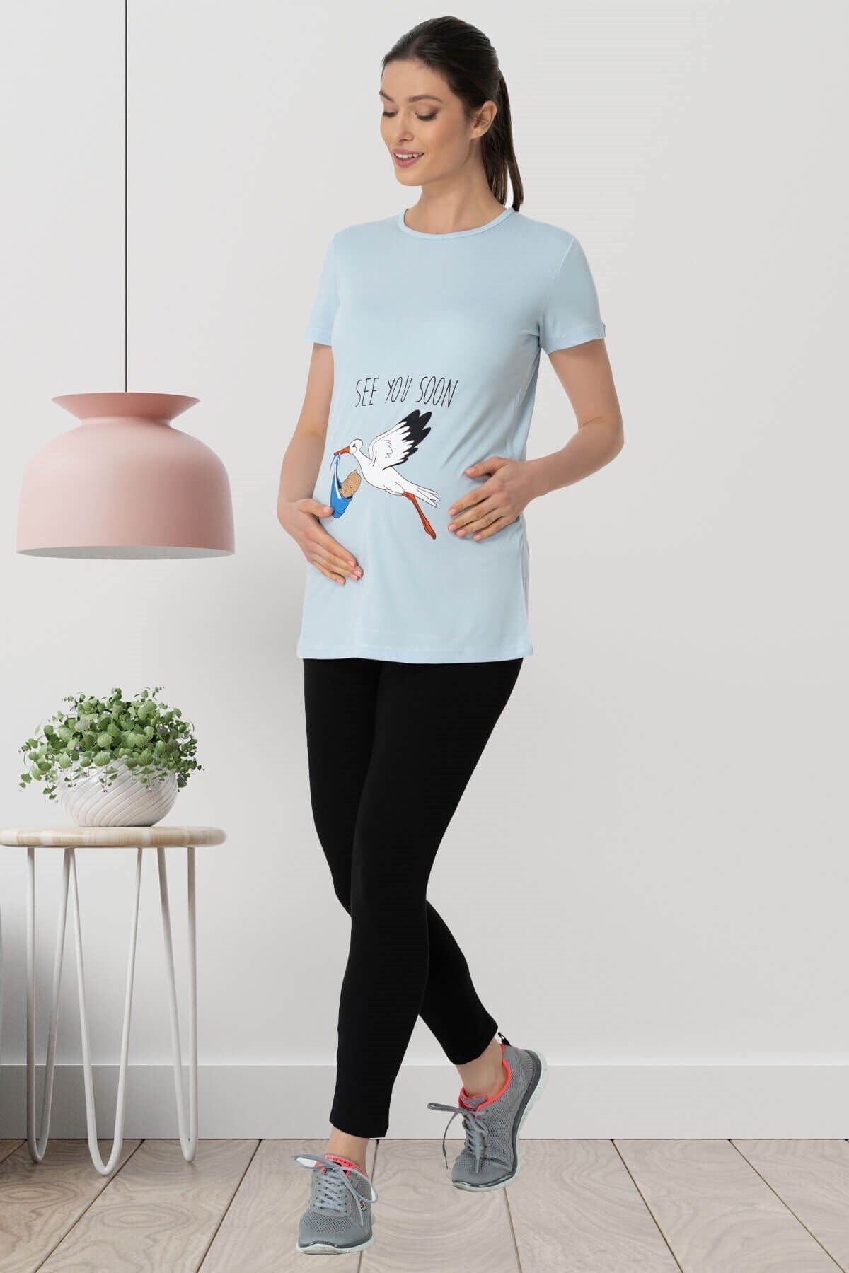 Mecit Pijama 5430 Mavi Hamile Tişört Hamile Tayt Takım