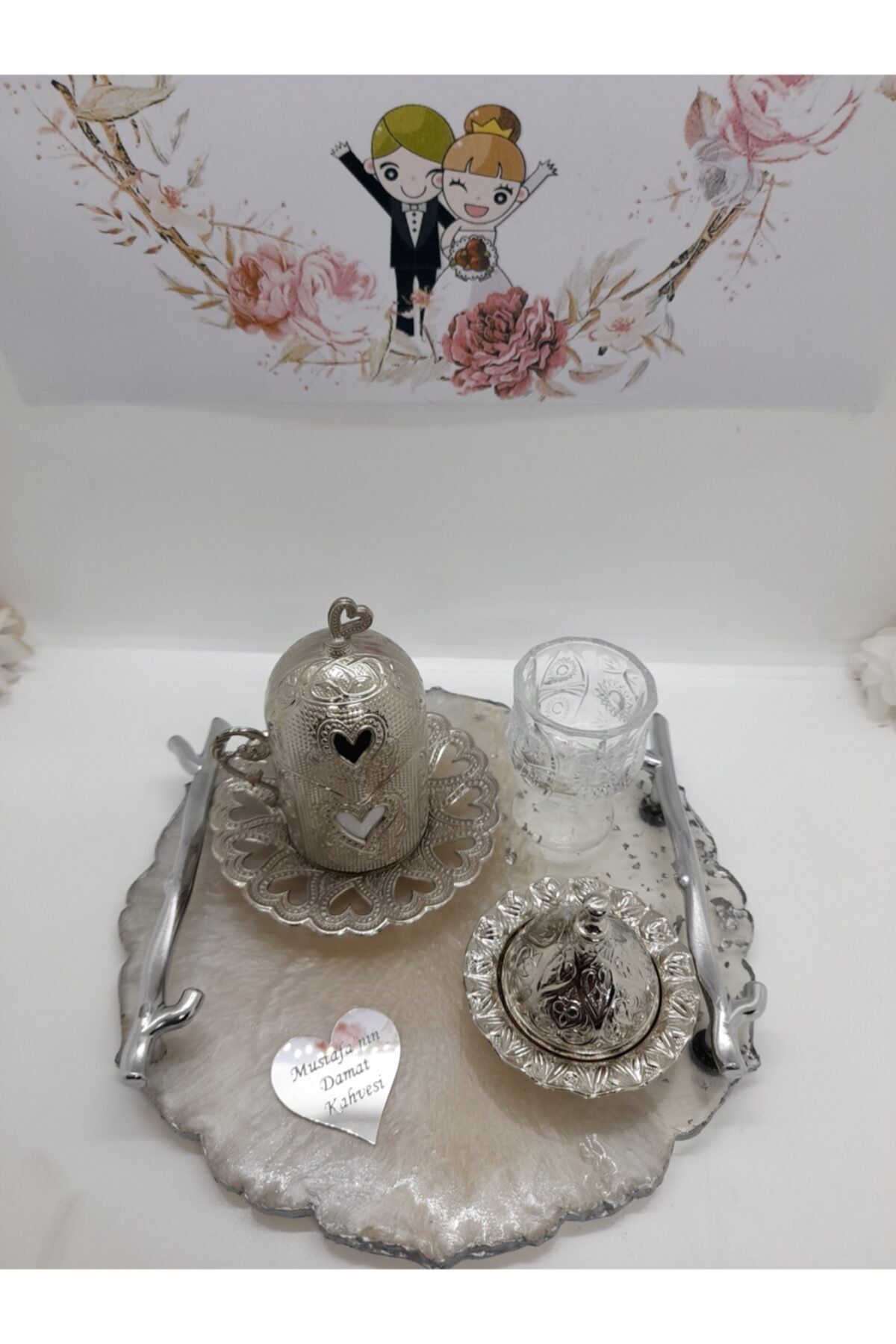 Butikchocolate Damat Fincanı Tepsisi Lüx Epoksi Gümüş Damat Kahvesi Tepsisi