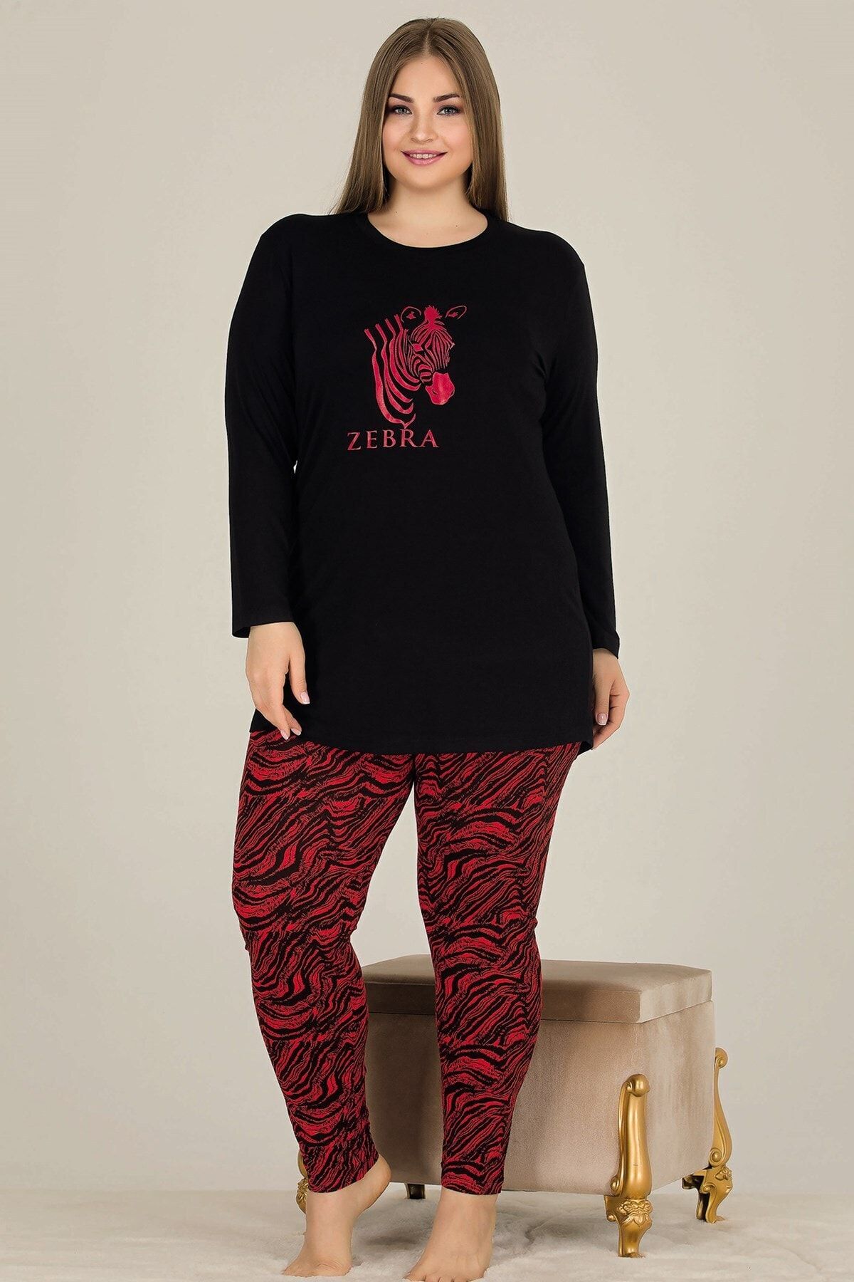quilling Kadın Kırmızı - Siyah Renk Uzun Kollu Büyük Beden Pijama Takımı - Lady 11302 Battal Pijama
