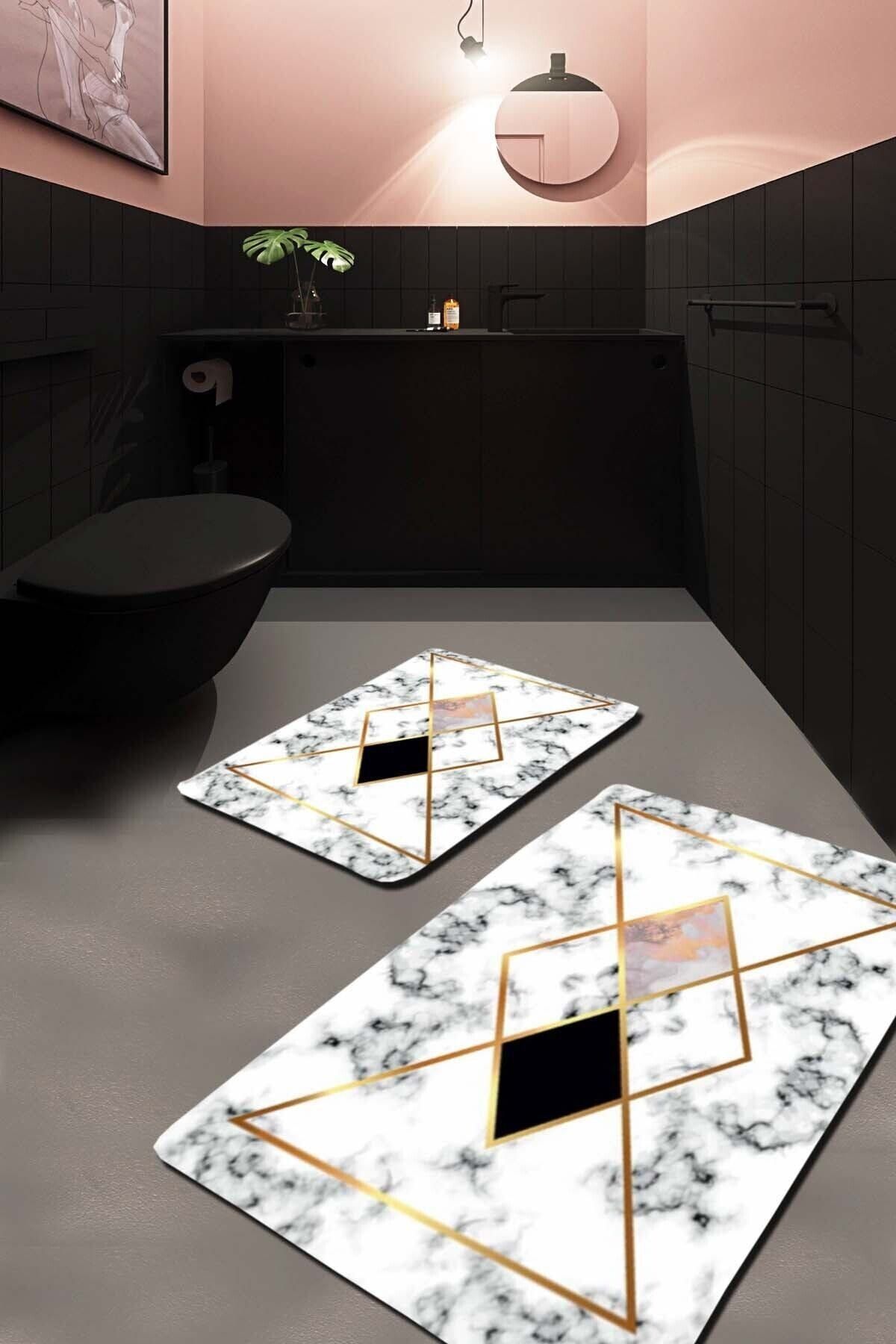 EVİMOD Pembeli Beyaz Mermer Modern Yıkanabilir 2li Banyo Halısı Paspas 39900x