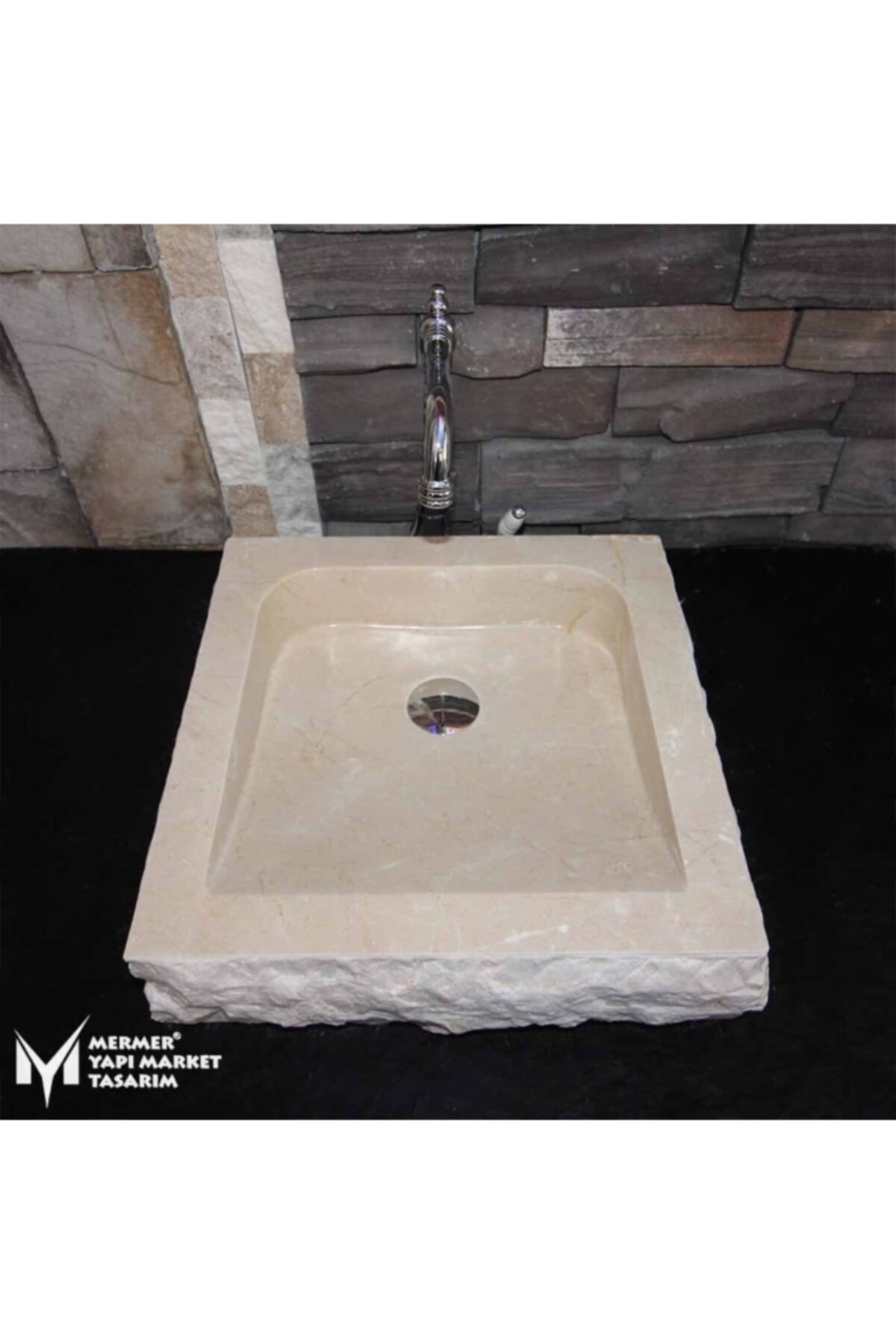 MYM Mermer Yapı Market Tasarım Bej Mermer Dışı Patlatma Kare Lavabo