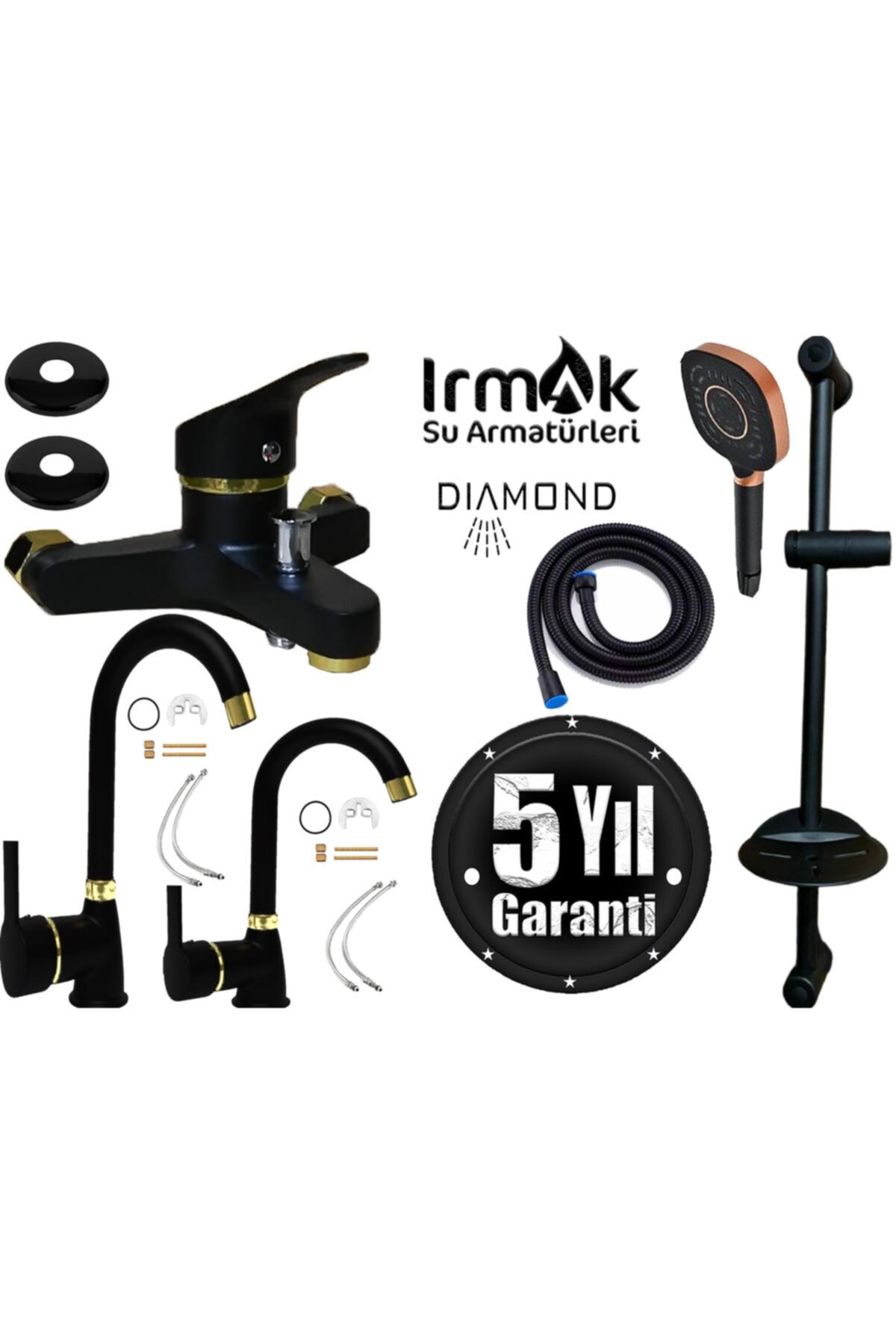 özbay ısı sanayii ö şekil Siyah Gold Banyo Mutfak Lavabo Bataryası Sürgülü Duş Seti Diamond El Duşu Banyo Seti Musluğu Altın