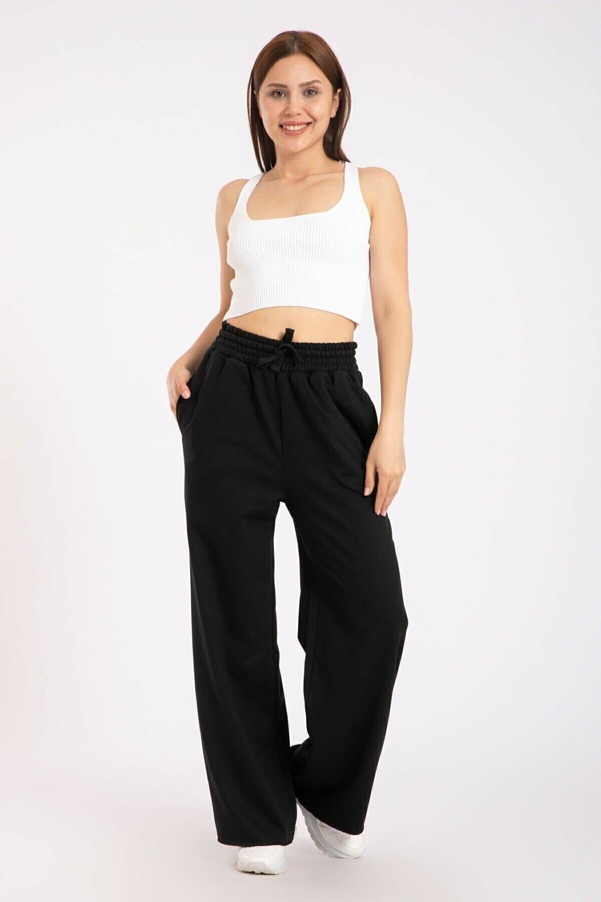 BUTİKEMS Kadın Siyah Bol Paça Penye Eşofman Altı