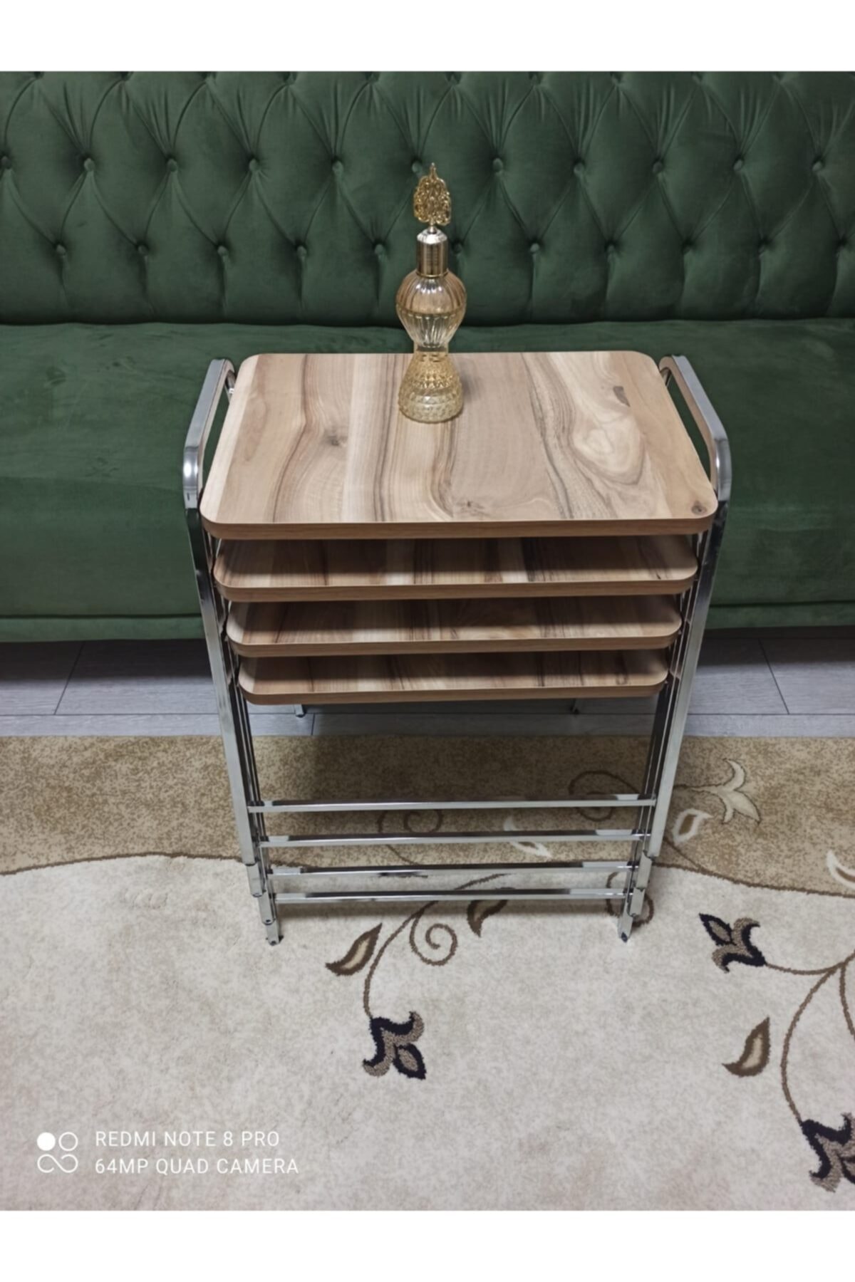 GÜVENÇ Zigon Sehpa Tepsi Zigon Model Nikelaj Kaplama Metal Ayaklı Ahşap Desen