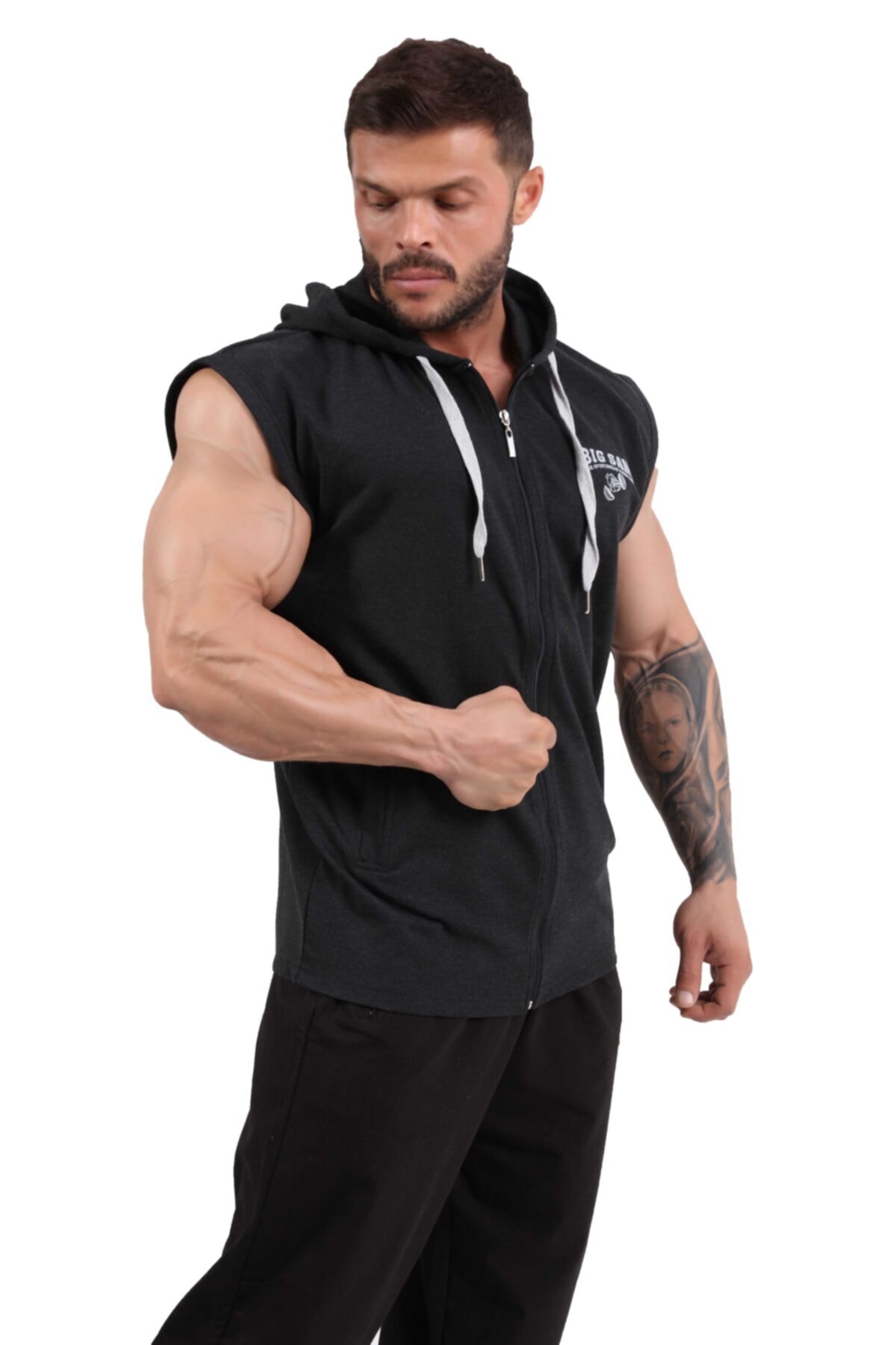 Big Sam Erkek Siyah Kapüşonlu Spor Yelek 3578