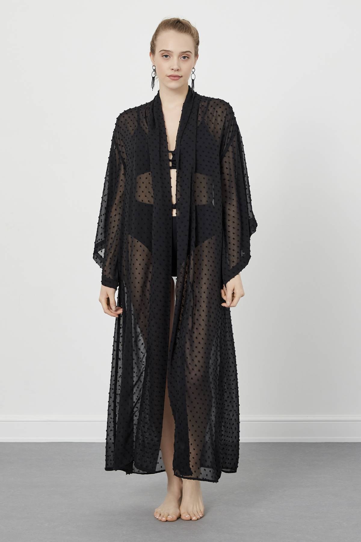 Just Like You Puantiyeli Siyah Transparan Kimono