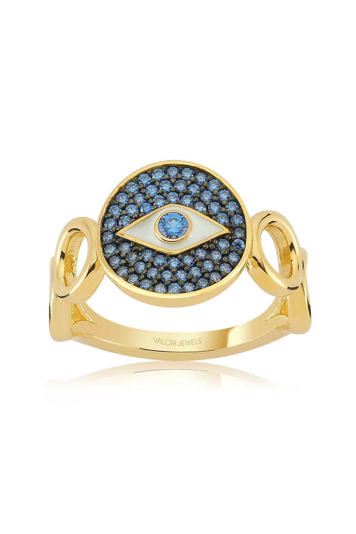 Valori Jewels Mistik Nazar Gözü, Zirkon Mavi Taşlı, Altın Rengi Gümüş Yüzük
