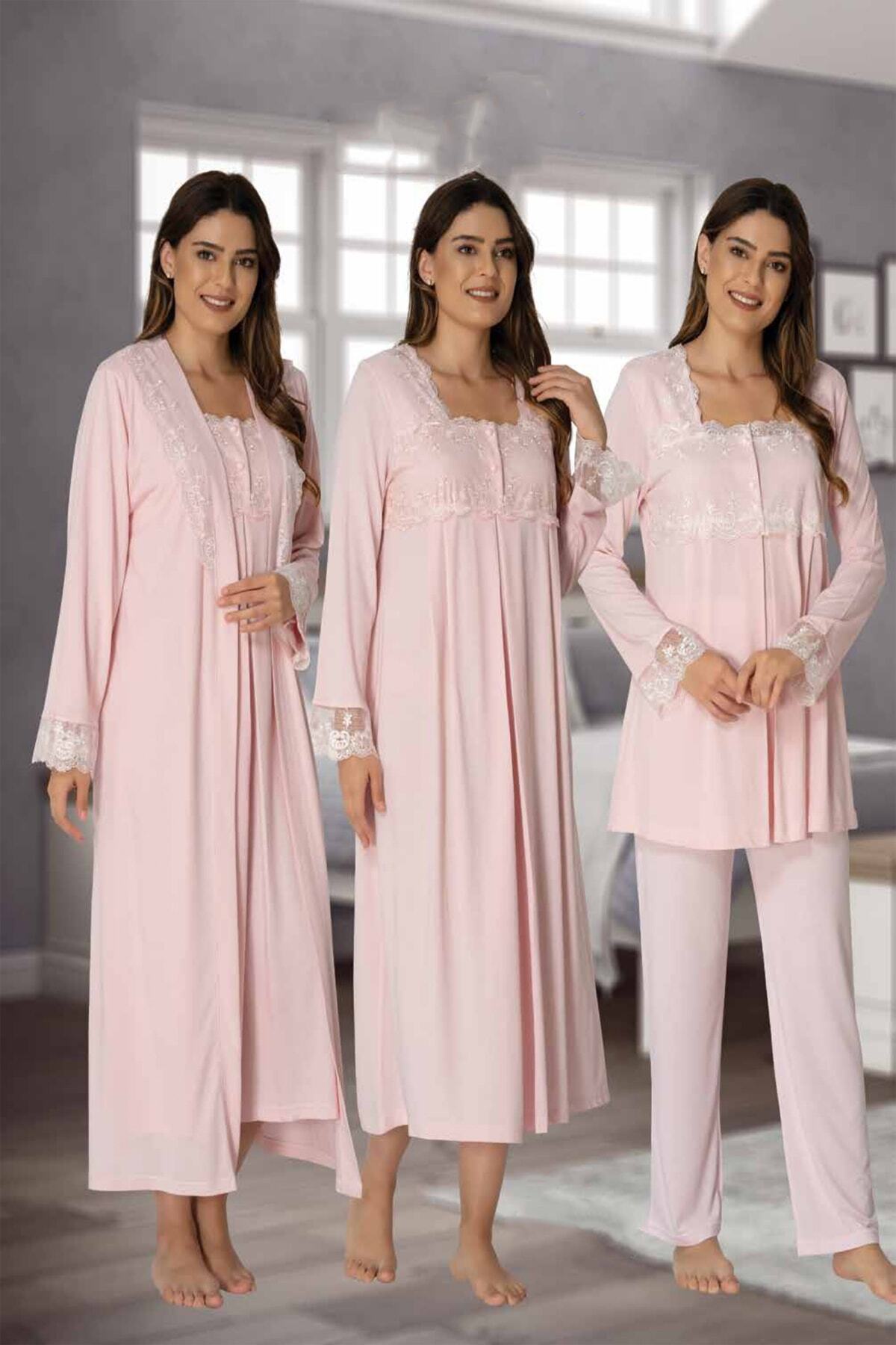 Effortt Mayss Collections 2405 Pembe Renk Gecelik Sabahlık Pijama 4'lü Takım Seti