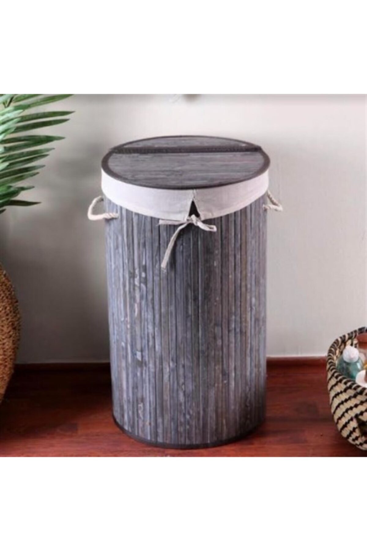 CasaLinda Cassalinda 6001-2 Gri Yuvarlak Bambu Çamaşır Sepeti