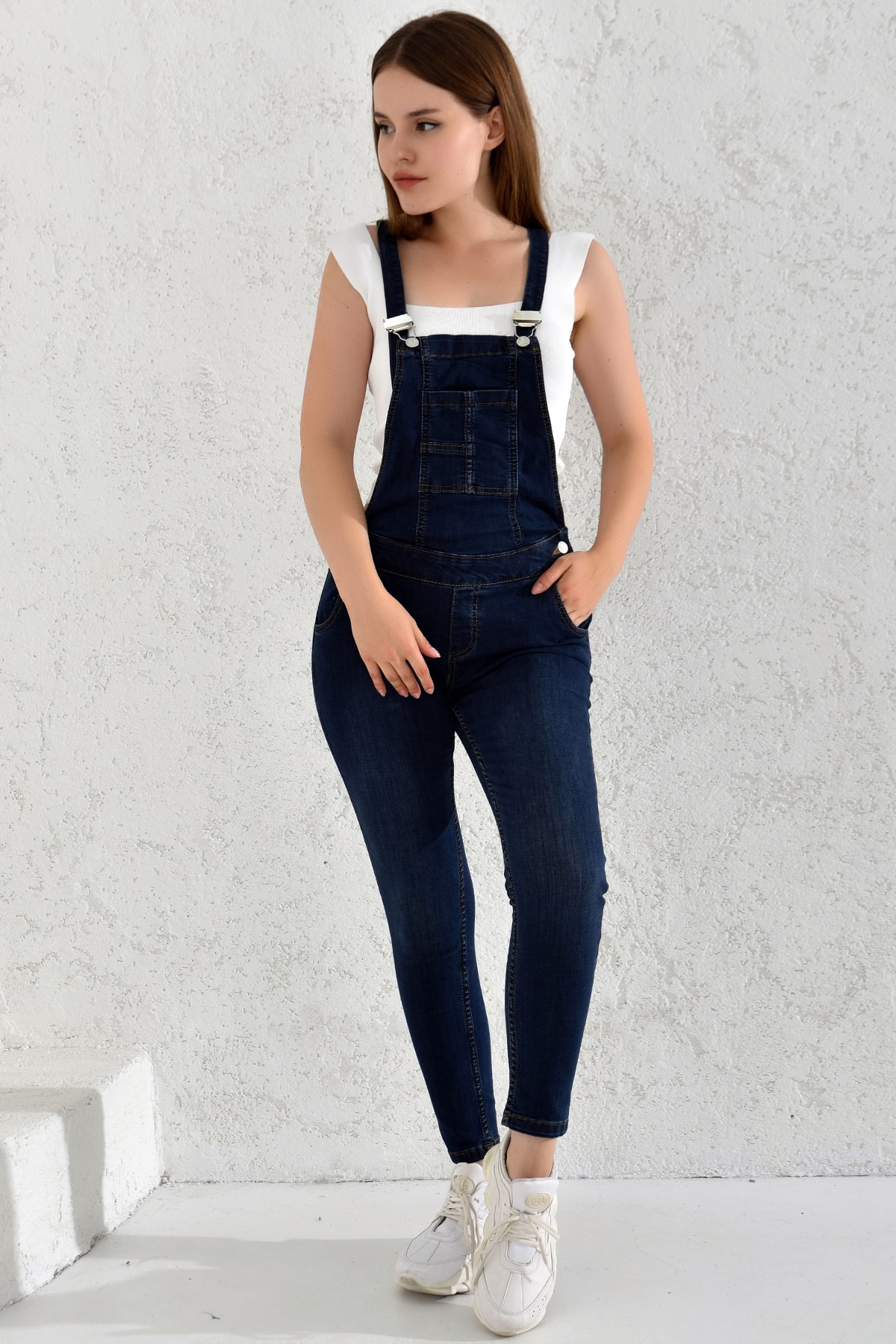 ONX JNS Özel Tasarım Ön Cepli Yan Düğme Detaylı Dar Skinny Paça Denim Kumaş Likralı Jean Kot Salopet
