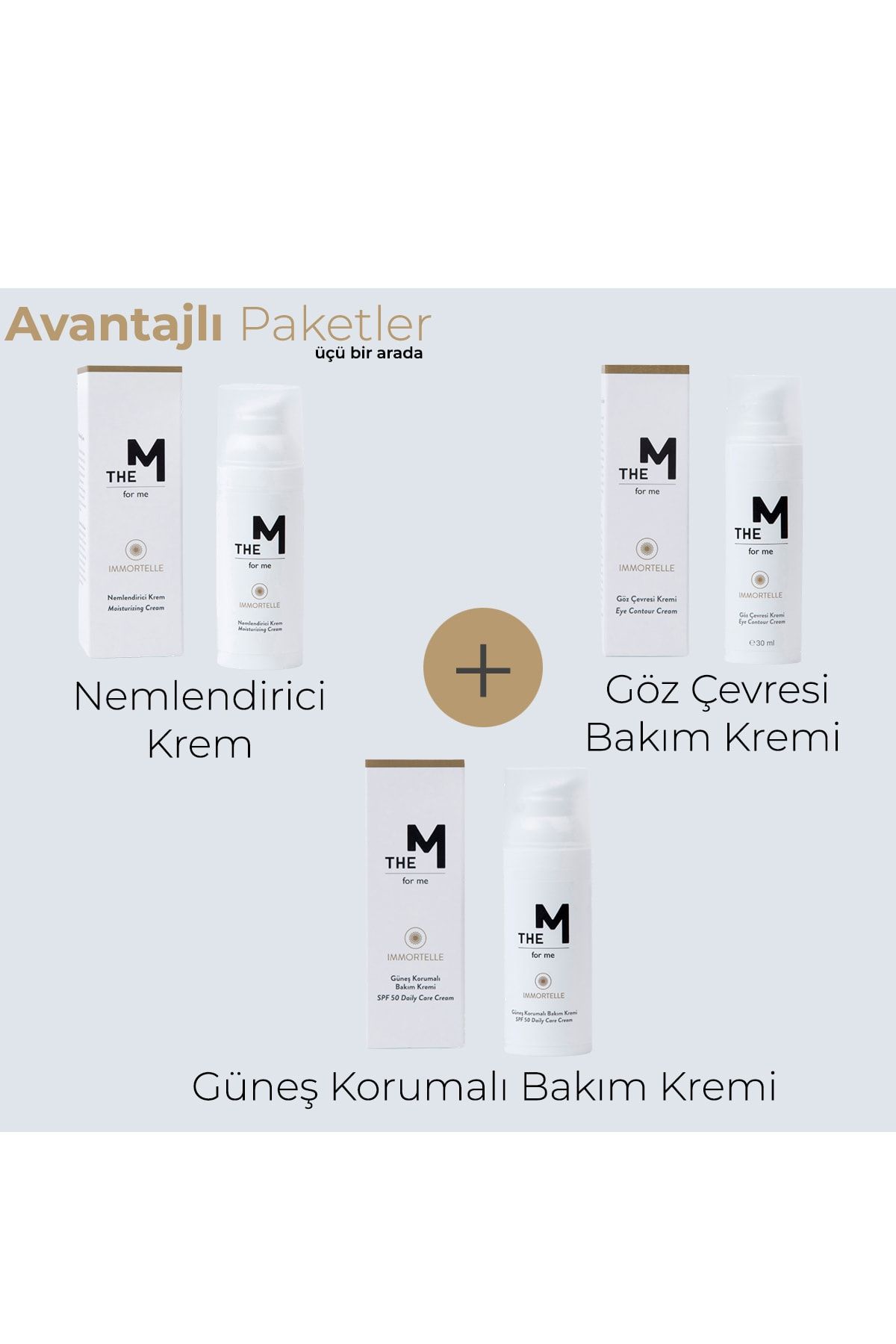 The M Nemlendirici Krem + Göz Çevresi Bakım Kremi + Güneş Korumalı Bakım Kremi