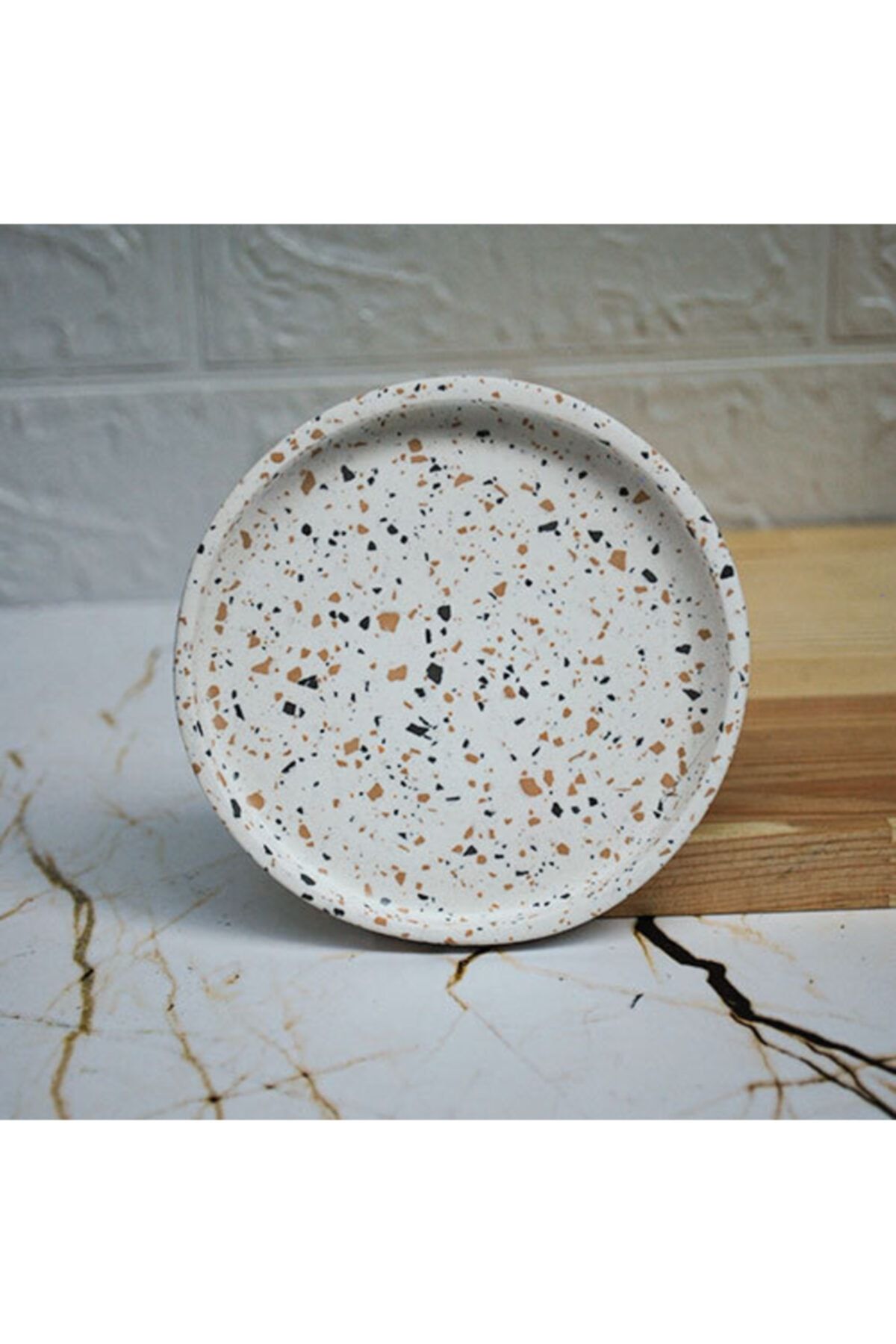 MUDİTA Beton Döküm Tekli Camel Mini Terrazzo Yuvarlak Mum Tabağı Terrazo Bardak Altlığı