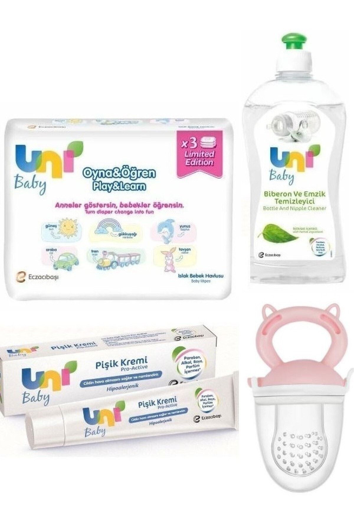 Uni Baby Oyna Öğren 3 Lü Set+gıda Kalıntılarına Karşı Temizleyici+pişik Kremi+meyve Süzgeci Pembe
