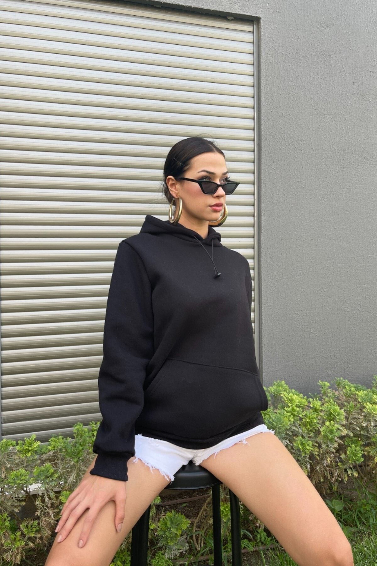 MODAGEN Kadın Oversize Kapşonlu Sweatshirt Siyah