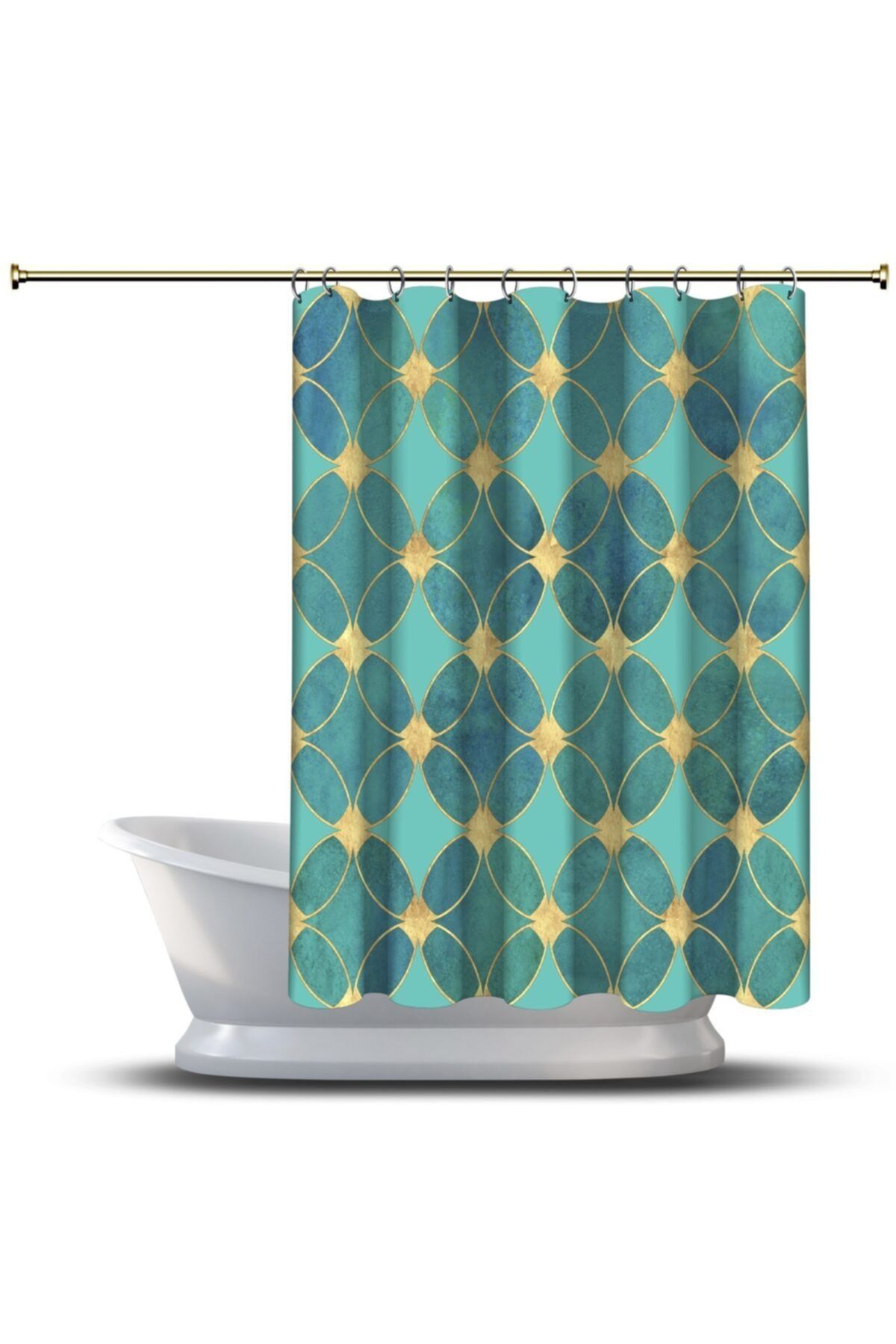 AssosHome Banyo Duş Perdesi Tasarım Dekor Turkuaz Sarı Soyut Doku Daire Dijital Baskılı En 175 Cm