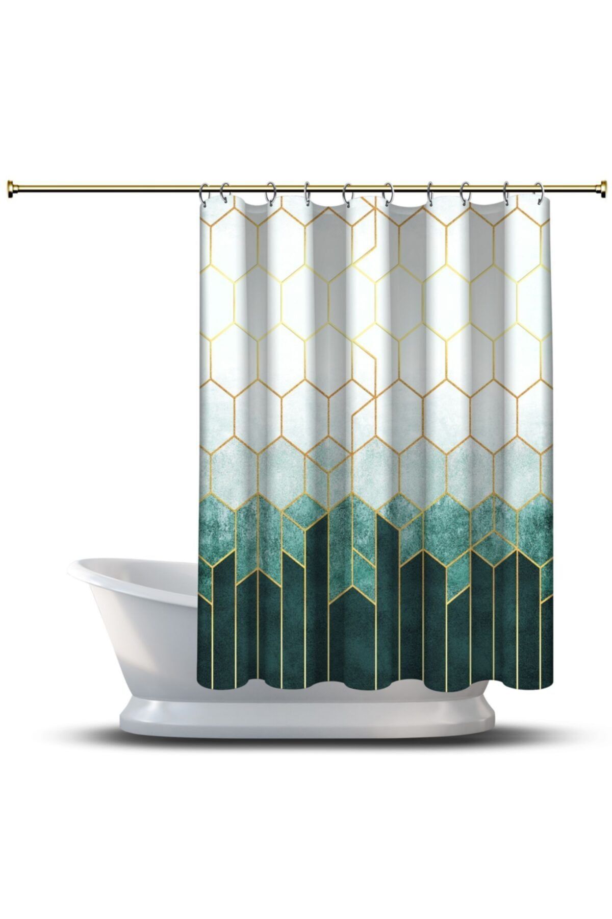 AssosHome Banyo Duş Perdesi Tasarım Dekor Yeşil Bej Sarı Altıgen Geometrik Dijital Baskılı En 175 Cm