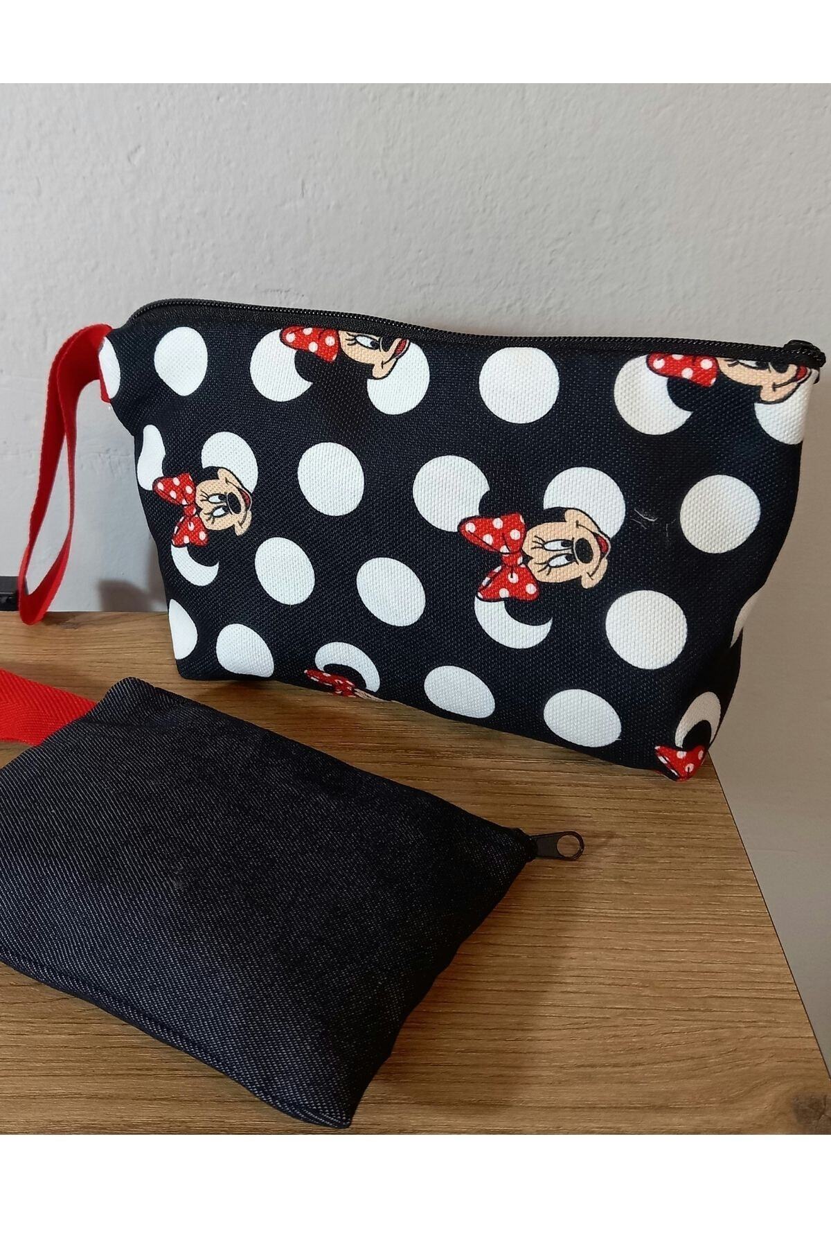 HCG TASARIM Dijital Kumaş 2li Makyaj Çantası Set Mickey Siyah