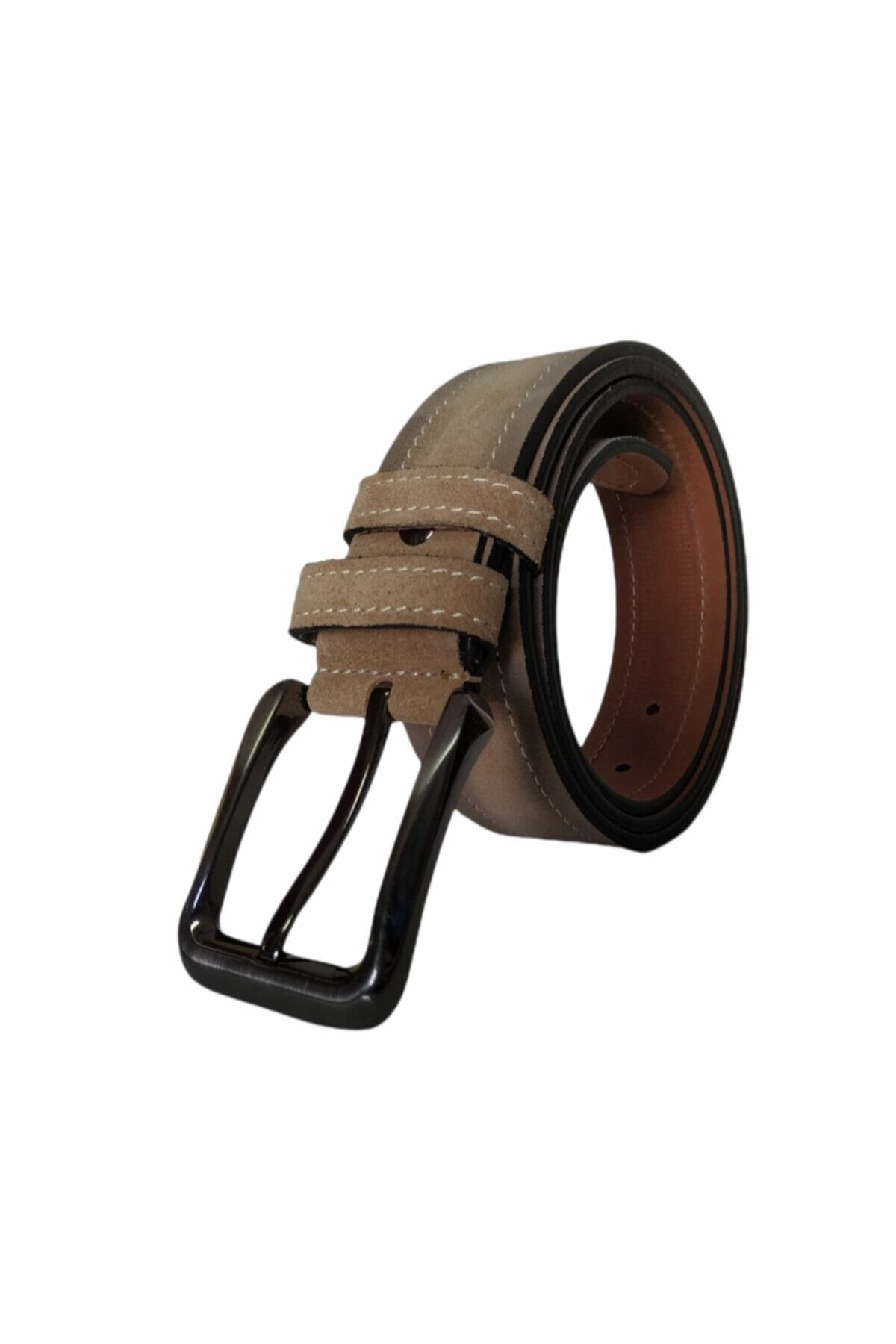 KarPa %100 Hakiki Deri Süet Bej Kanvas Pantolon Kemeri 4cm