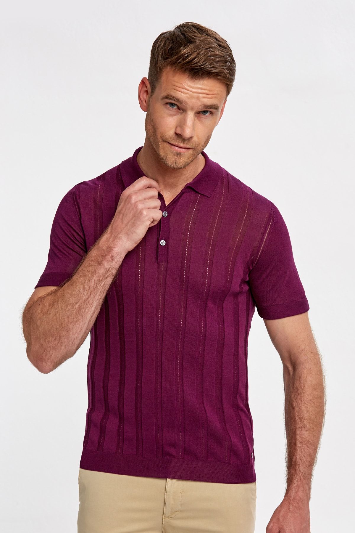 Hemington İpek Karışımlı Çizgili Bordo Triko Polo  T-shirt