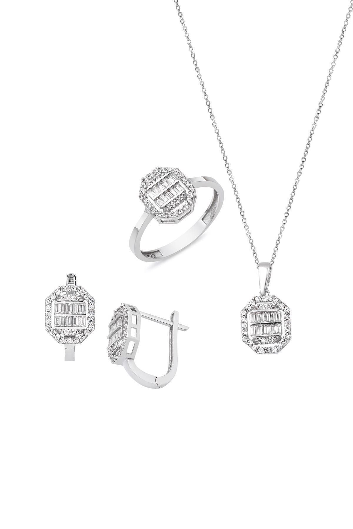 Bilezikci Baget Taşlı 14 Ayar Beyaz Altın Set