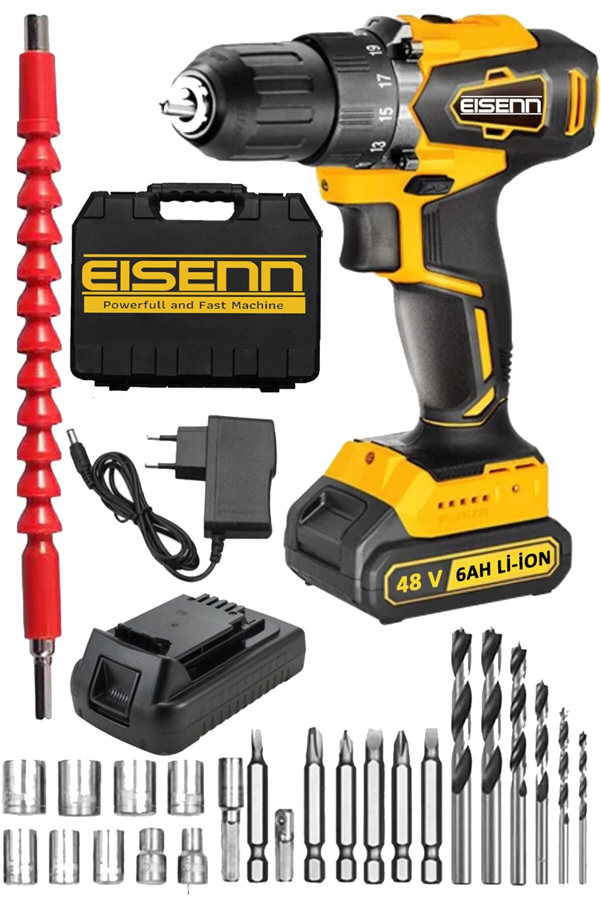 Eisenn Germany Technology Turbo Power 48 V 6 Ah Metal Şanzıman Çift Akülü Şarjlı Vidalama Matkap 27 Pcs Set