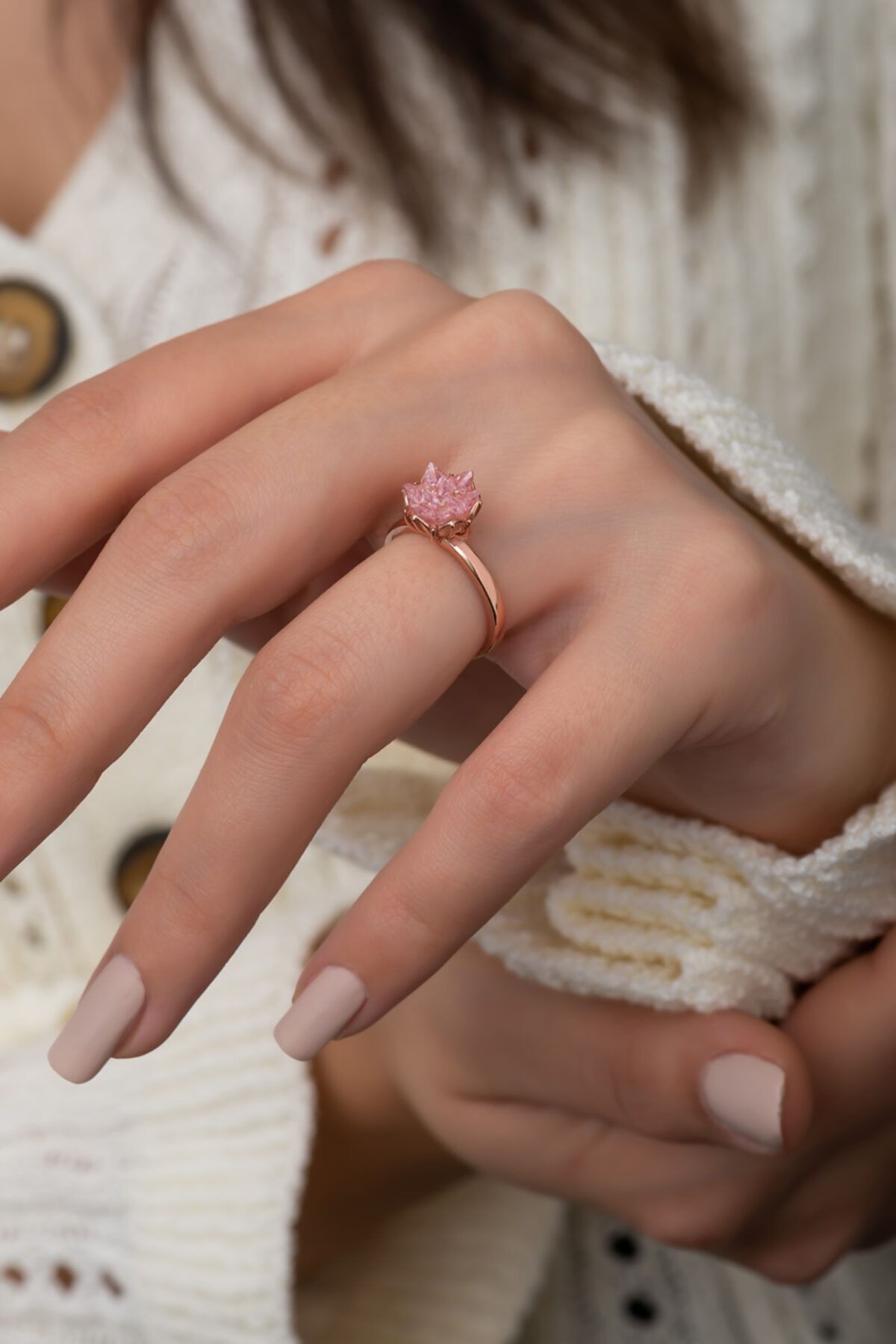 Elika Silver Kadın Lotus Çiçeği Pembe Taşlı Ayarlanabilir Rose Gold Kaplama 925 Ayar Gümüş Yüzük