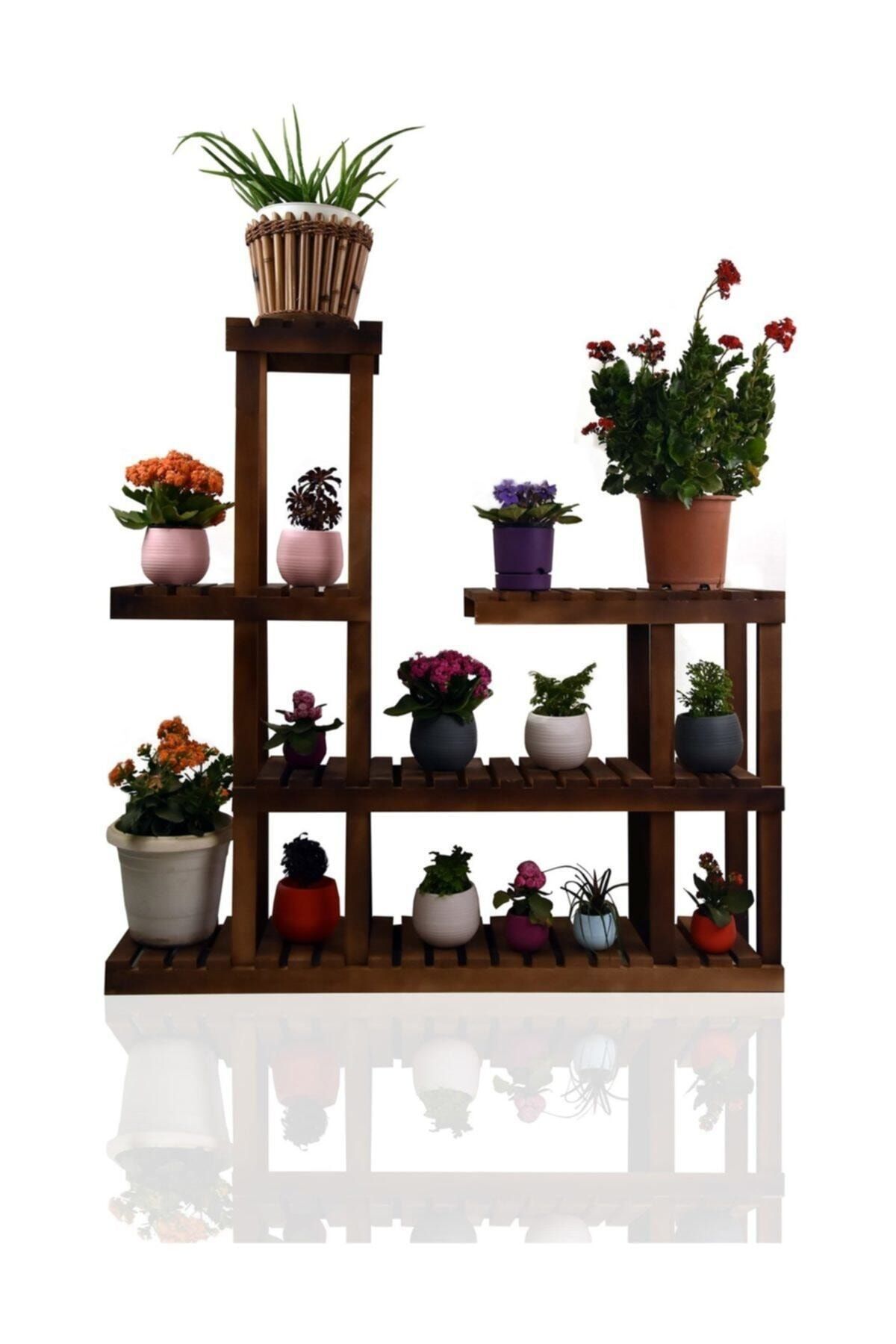 KARAKALEM AHŞAP Çok Amaçlı Dekoratif Ahşap Raflı Çiçek Saksı Rafı Standı Model 8