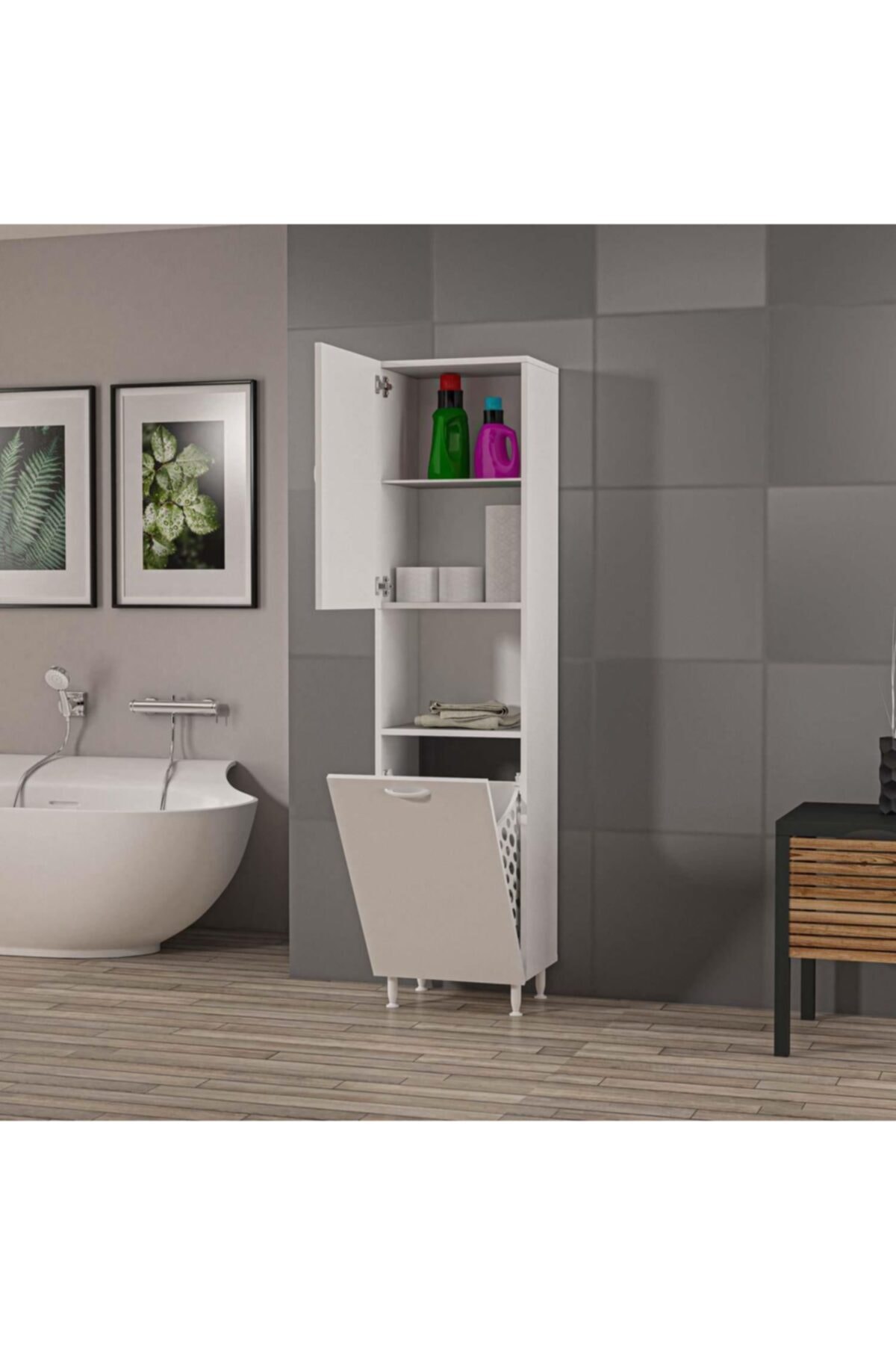 dekorstilim Kirli Çamaşır Sepetli Boy Banyo Dolabı Beyaz