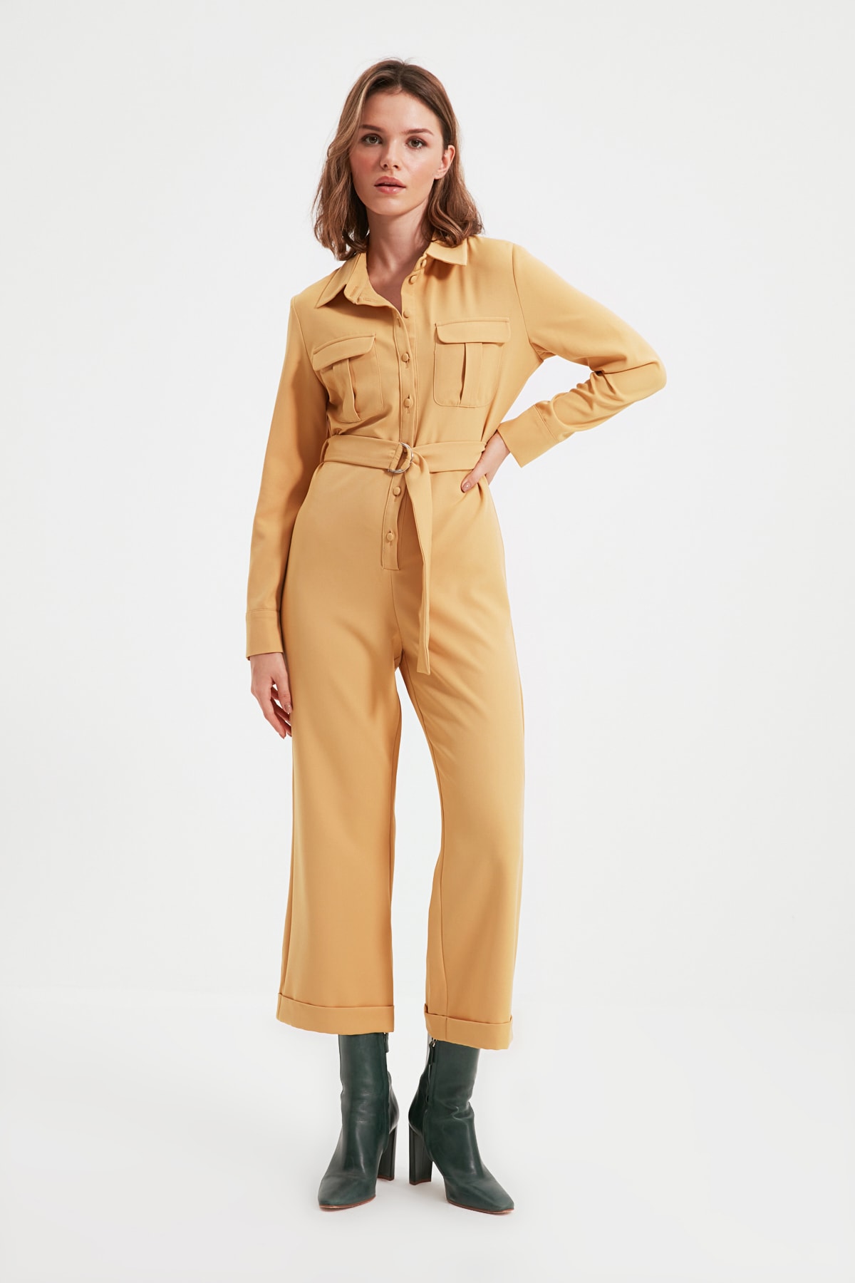 TRENDYOLMİLLA Camel Petite Kemerli Tulum TWOAW22TU0067
