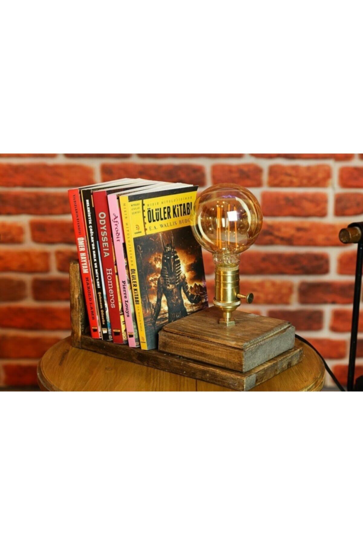 hü ma tasarım ve aksesuar Retro Rustik Ahşap Endüstriyel Masa Lambası & Kitaplık - Abajur