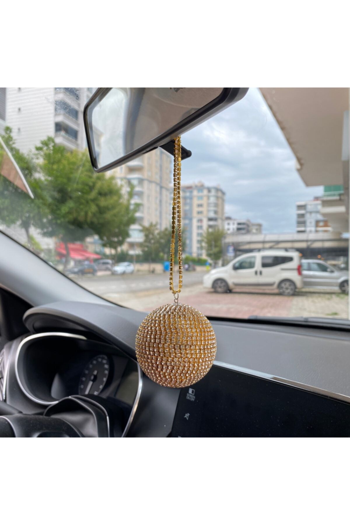 Blingston Ince Kristal Taşlı Disko Topu Dikiz Ayna Süsü Altın Küçük 6cm
