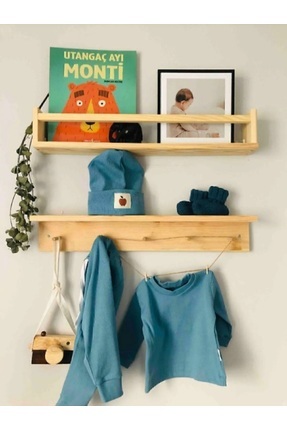 Montessori Stil Doğal Ahşap Duvar Rafı ve Askılık Çocuk Odası Düzenleyici Hazır Kurulum 2'li set Image 0