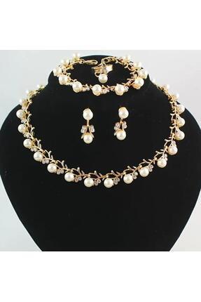4'lü İnci Gold Set ( Kolye Bileklik Küpe Yüzük) Kadın Düğün Nişan Organizasyon Şık Tasarım Image 0