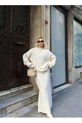 Kolları Yırtmaç Detaylı Şardonlu Oversize Triko Kazak Maxi Etek Takım Image 0