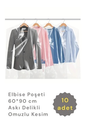 Elbise Poşeti (60X90 CM) Askı Delikli Omuzlu Kesim (10 ADET) Şeffaf Kıyafet Koruma Hurç Kılıf Naylon Image 0