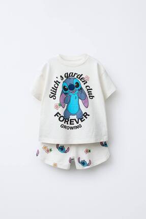 Stitch Baskılı Kız Kısa Kollu T-shirt ve Şort Takım Image 0
