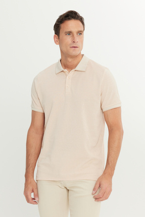 Erkek Çekmeyen Pamuklu Kumaş Slim Fit Dar Kesim Açık Bej-Beyaz Kıvrılmaz Polo Yaka Tişört Image 0