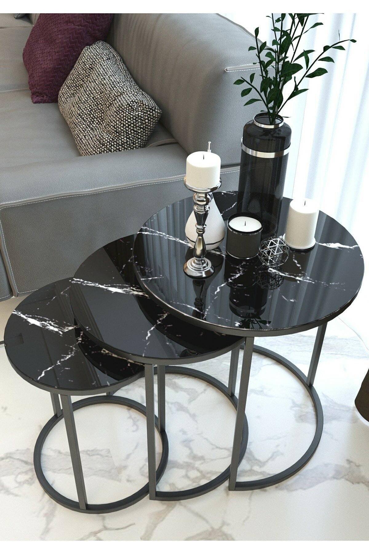 arhomev Arhome Siyah Mermer Desen Metal Zigon Sehpa ( Temperli Cam )
