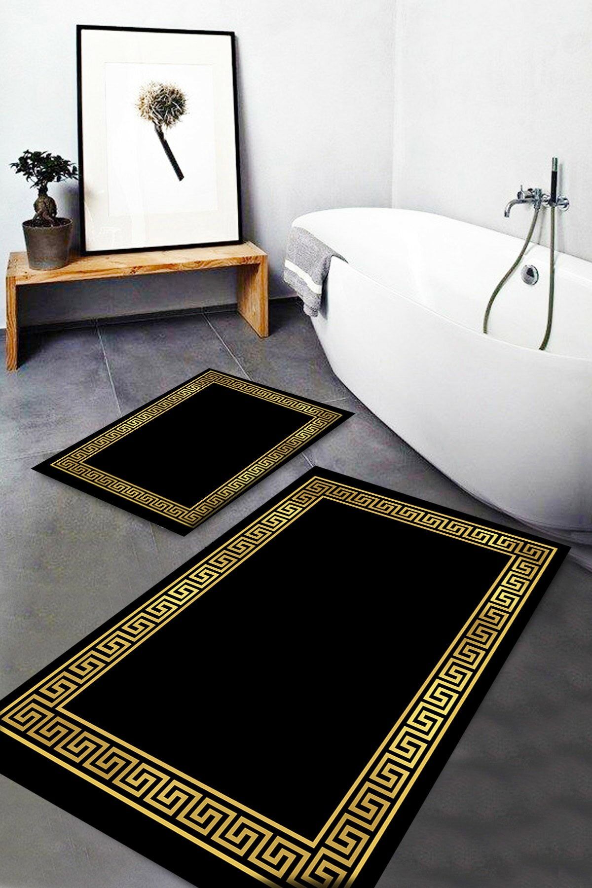 Osso Halı Osso Siyah Sarı Kilit Desenli Yıkanabilir Kaymaz Banyo Paspası 2li Klozet Takımı Halısı Dts-4
