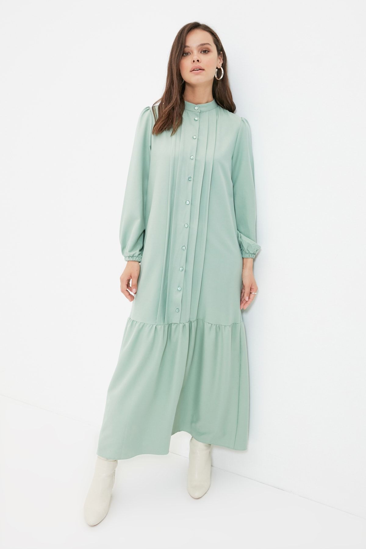 Trendyol Modest Yeşil Nervürlü Hakim Yaka Elbise TCTAW22EB0133