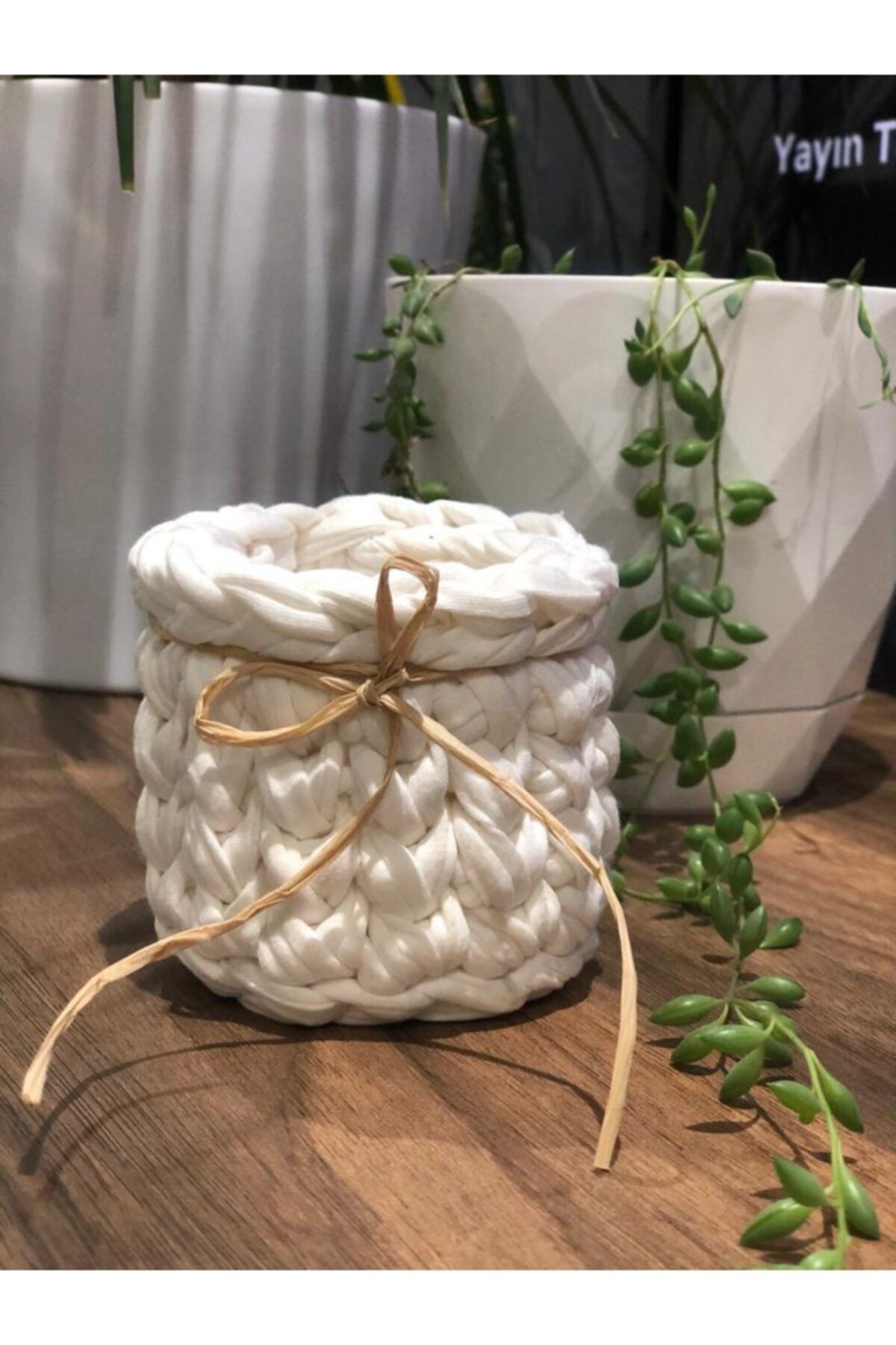 nursstore Örme Küçük Saksı El Yapımı Örgü Mini Beyaz Saksı