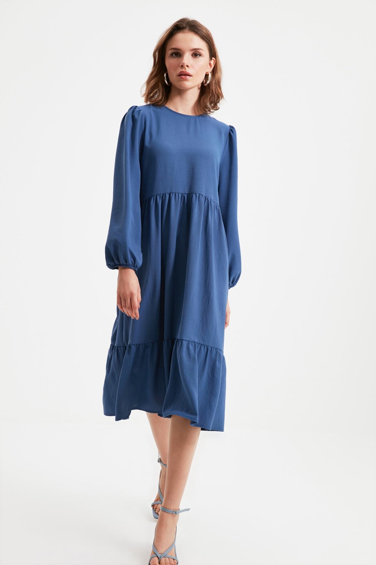 TRENDYOLMİLLA Indigo Petite Bisiklet Yaka Elbise TWOAW22EL0813