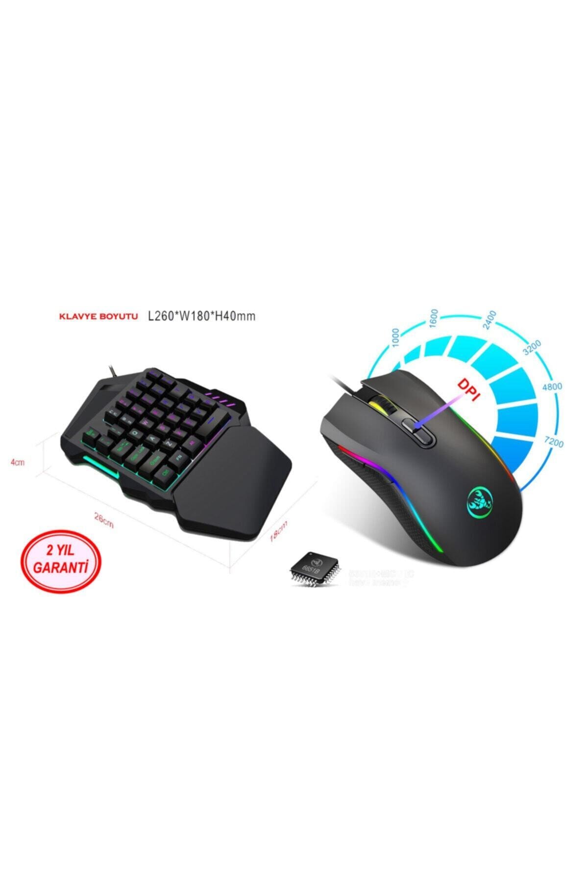 layftech V100+a869 Gaming Tek El Oyuncu Klavye 7200 Dpı 7 Butonlu Oyuncu Mouse Seti Mobil Oyun Seti