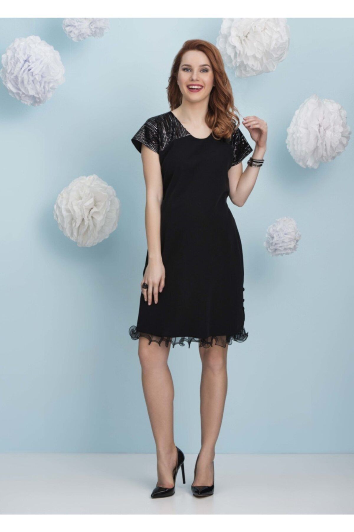 Even Fashion Hamile Giyim Omuzu Payetli Kısa Abiye Büyük Beden Elbise