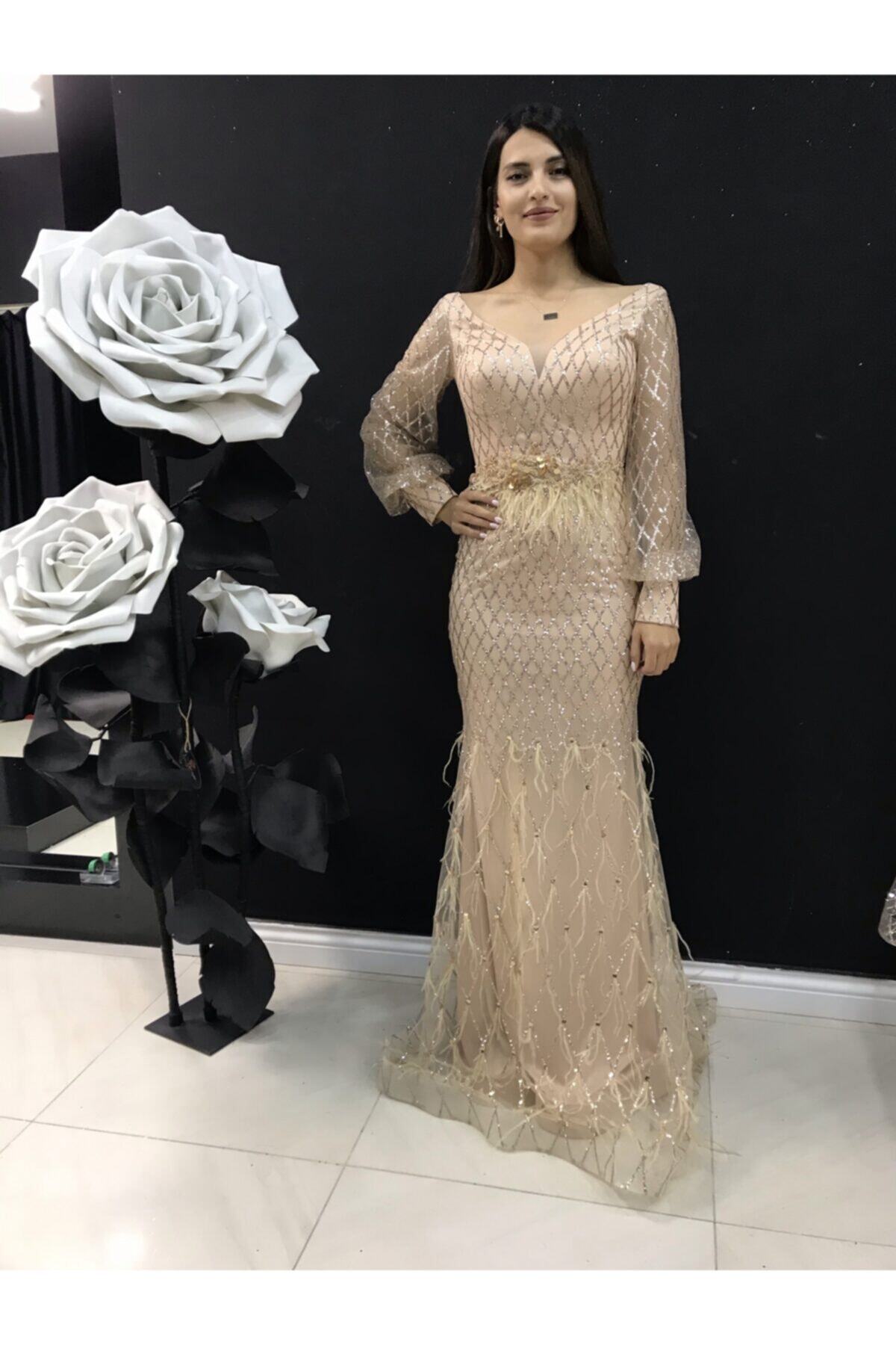 LİWA ABİYE Kadın Altın Renk Balon Kol Simli Balık Abiye